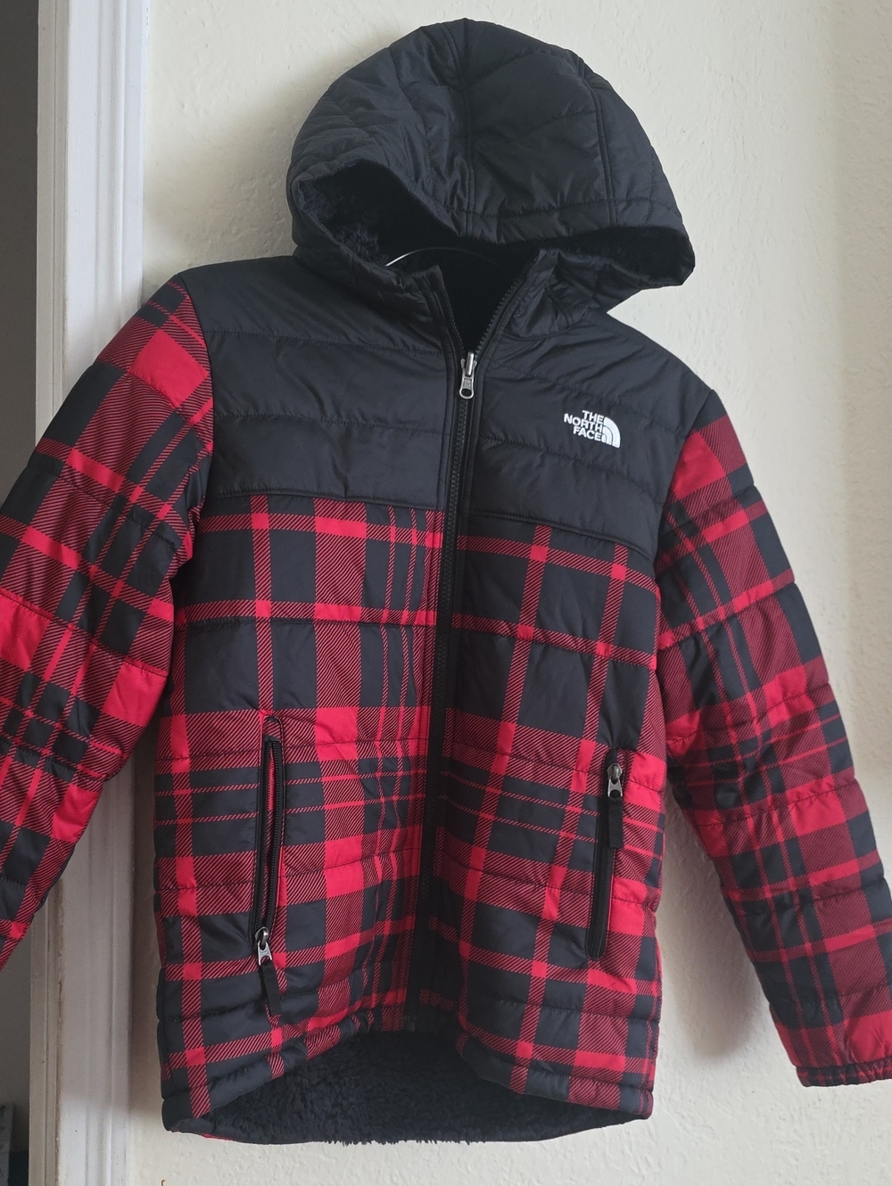 The North Face Black and Red Plaid Hooded Puffer Jacket